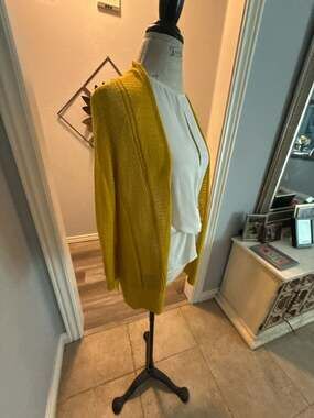 Alfani Womens L Cardigan Knit Yellow Perforated 3/4 Sleeve Linen Blend NWT